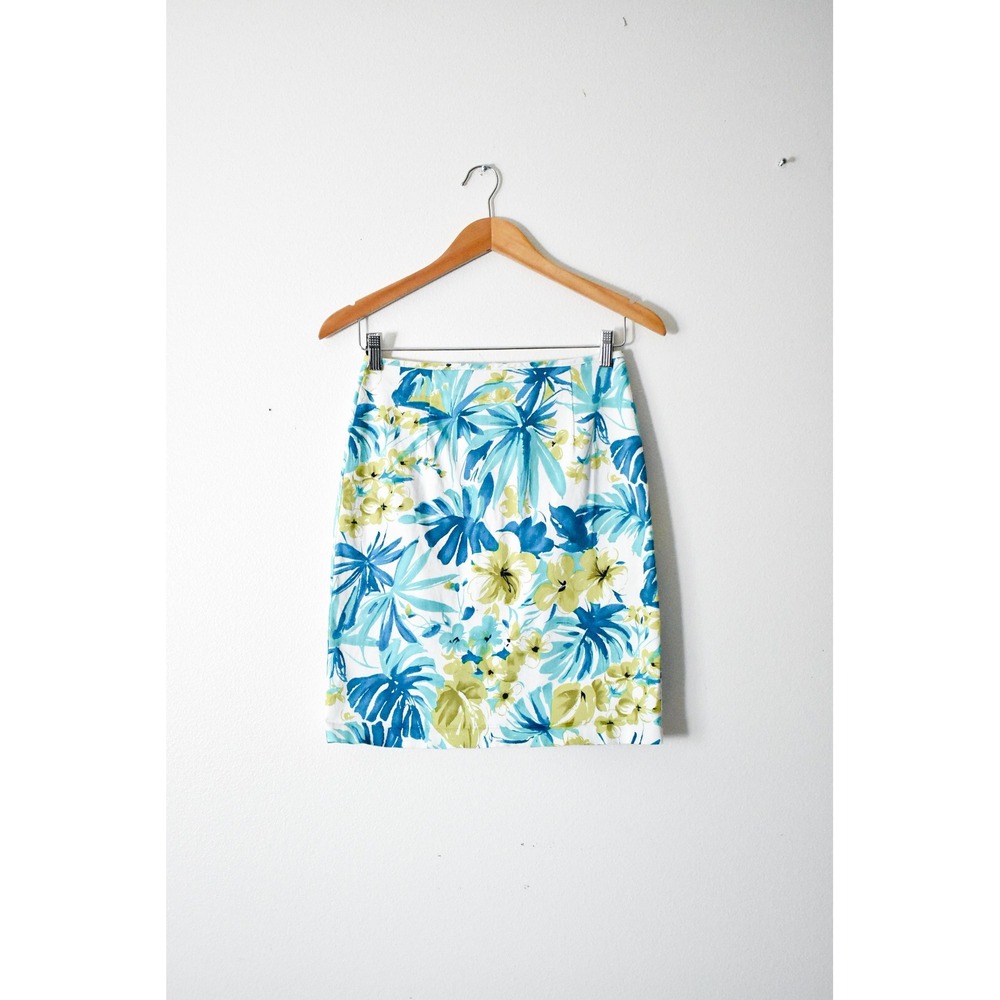 JKLA California Pencil Skirt Womens 6 White Blue Green Y2K Tropical Floral